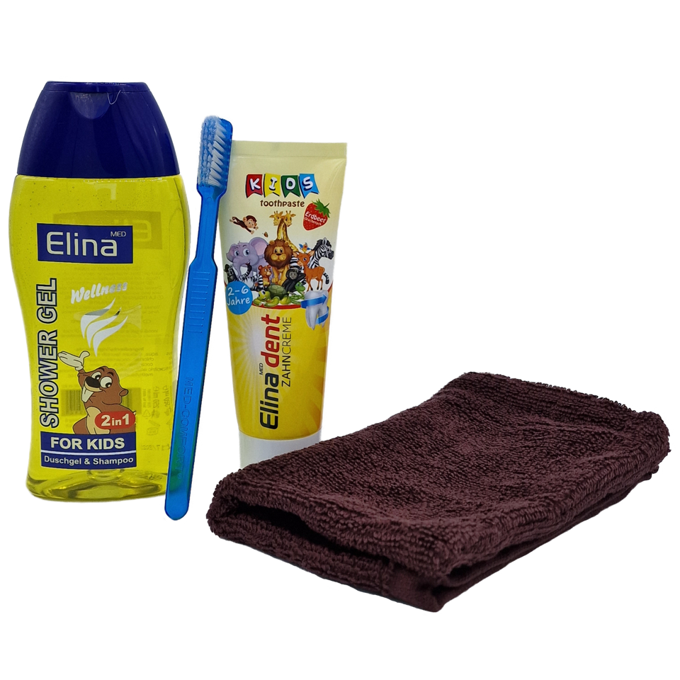 Content:
• Toothbrush loose
• Toothpaste 75 ml
• Bottle of shower gel/shampoo 250 ml
• Cotton wash mitt
• Packed in a zip bag

25 pieces in a box / 20 pieces on a pallet
Acceptance only possible in full boxes!