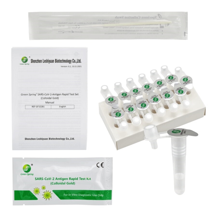 Package Contents (packed with 25 tests):
- 25 x swabs
- 25 x Pre-filled sample tube with seal closure and dropper tip cap
- 25 x test cassette in foil bag with desiccant (individually packed)
- 1 x Tube Stand
- 1 x instruction manual ( 4 languages: DE,EN,FR,NL)
